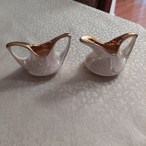 Pearl-colored gold-trimmed tiny cream/ sugar set with larger matching sugar bowl